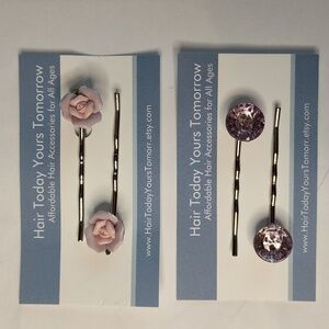 NWT 2 Pairs Handmade Bobby Pin Barrettes Pink Lavender Roses Vintage Buttons